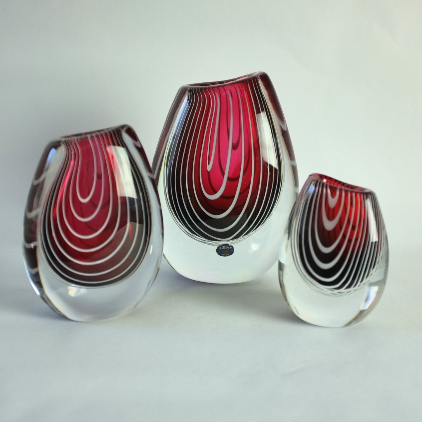 Set of three Zebra vases by Vicke Lindstrand for Kosta, Sweden. 1950s.