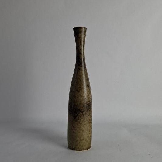 Stoneware vase with mottled brown glaze.