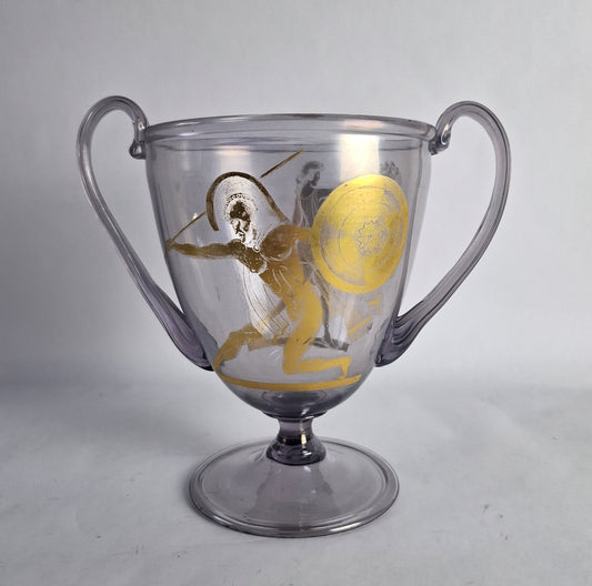 A violet tinted glass vase with gold classical figure decorations. 1930's Murano.