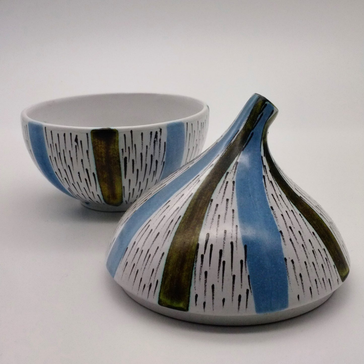 Faience lidded jar by Stig Lindberg for Gustavsberg, Sweden. 1950s.
