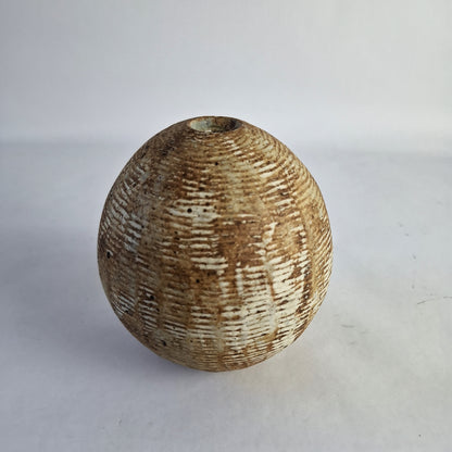 A spherical brown seed pod vase with textured surface.